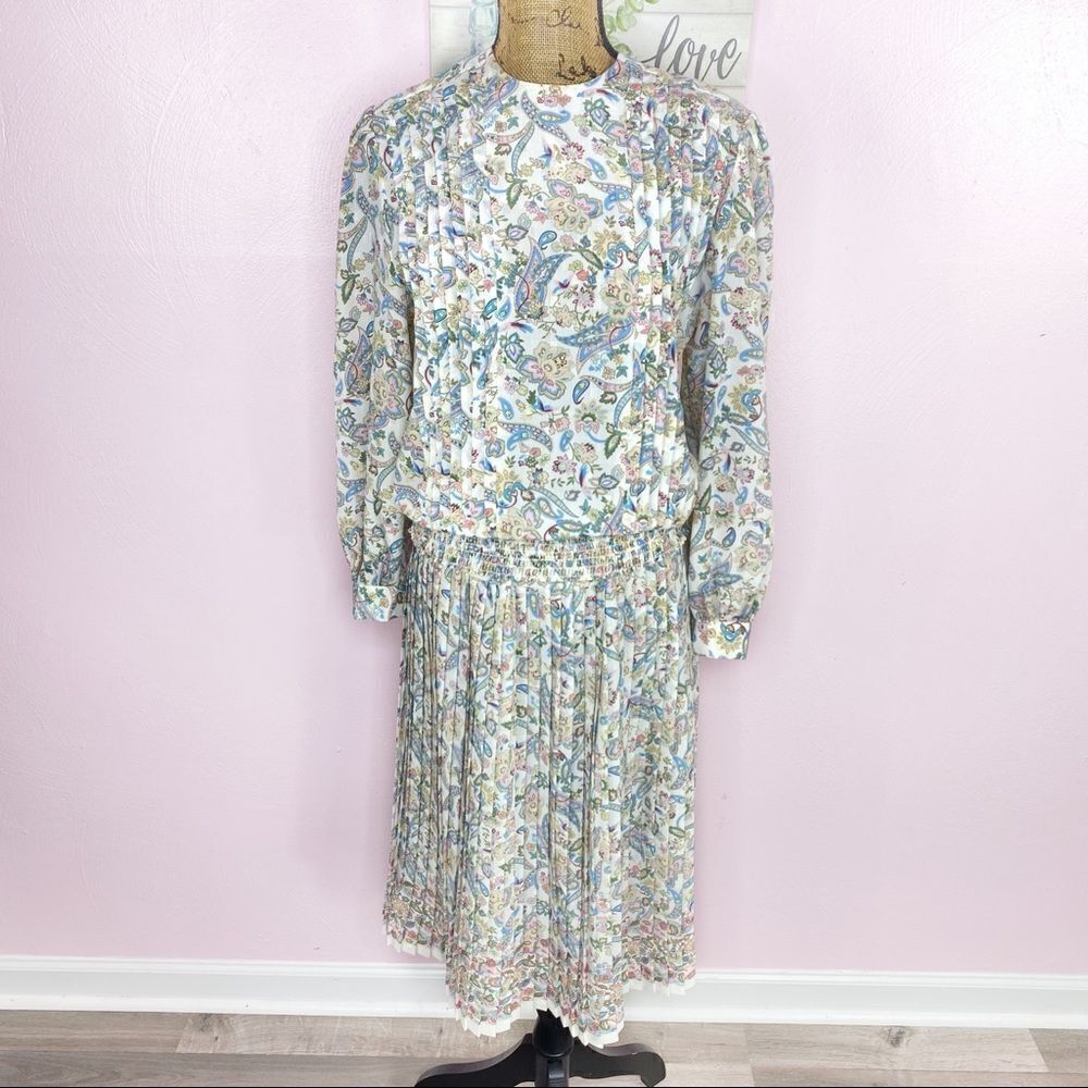 Vintage Shrader Sport Paisley Floral Knife Pleat Midi Skirt‎ Set Cream Multi 6P